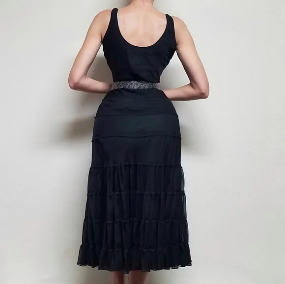 𝅺VINTAGE Jones Wear Black Chiffon Sleeveless Tiered Ruffle Full Skirt Midi Dres - Picture 3 of 15
